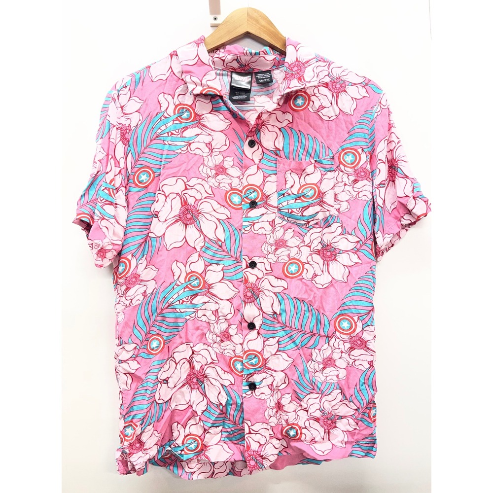 Marvel Captain America Pink Floral Tropical Button Down Shirt Small S Marvel